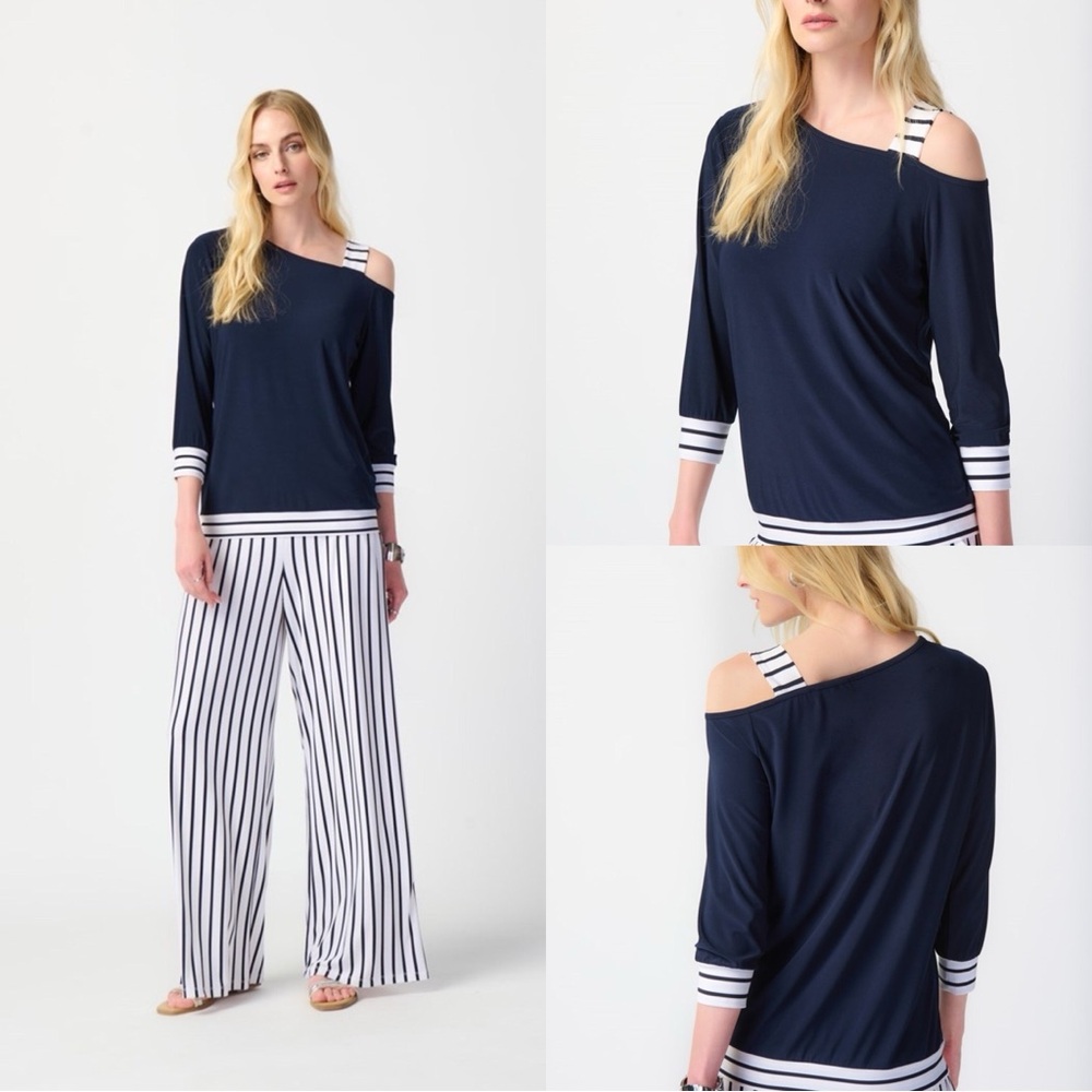 Joseph Ribkoff Midnight Blue/Vanilla One-Shoulder Boxy Top Size 16 (NWT)